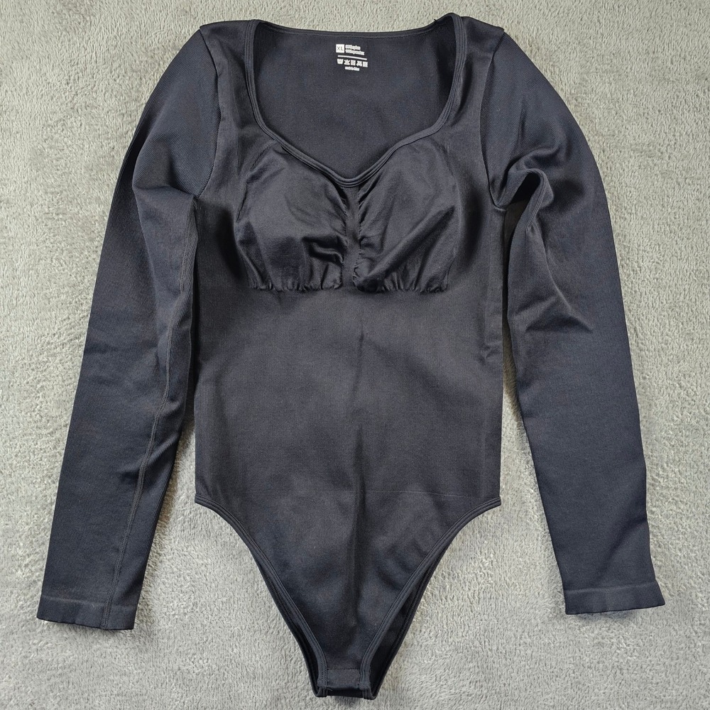 Bodysuit Black Ribbed Long Sleeve Sweetheart Neckline XL Snap Closure